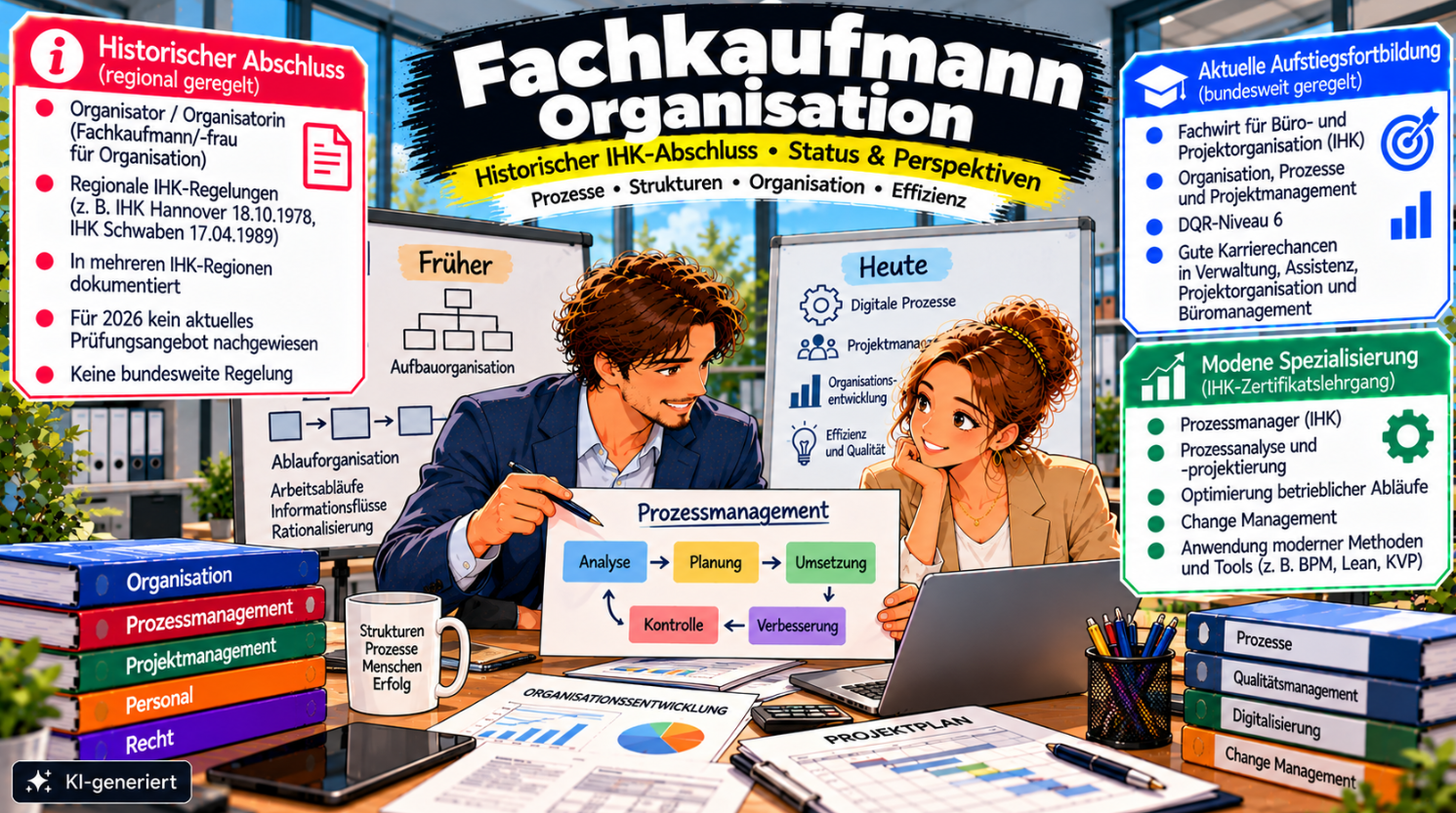 Comic-Illustration zum historischen IHK-Abschluss Fachkaufmann für Organisation. Zwei kaufmännische Fachkräfte analysieren in einem modernen Büro ein Prozessdiagramm mit den Schritten Analyse, Planung, Umsetzung und Verbesserung. Im Hintergrund werden klassische Aufbau- und Ablauforganisation sowie moderne digitale Arbeitsprozesse gegenübergestellt. Drei farbige Infoboxen erläutern den früheren regionalen IHK-Abschluss, den Fachwirt für Büro- und Projektorganisation (IHK, DQR 6) als aktuelle Aufstiegsalternative und den Prozessmanager (IHK) als moderne Zertifikatsweiterbildung. Das Bild trägt den Hinweis „KI-generiert“