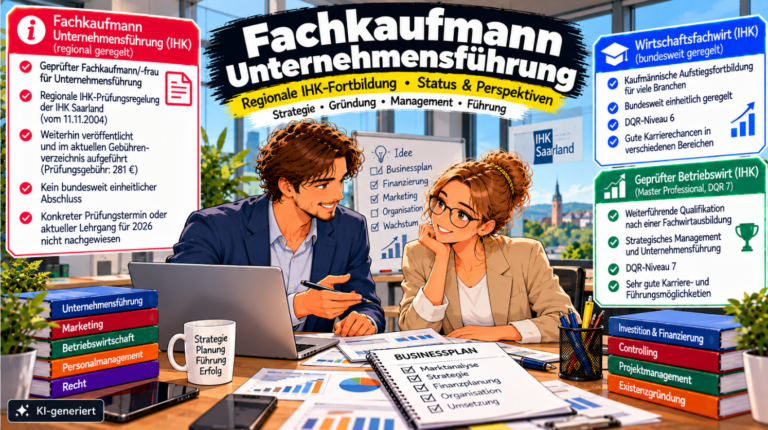 Comic-Illustration zum Fachkaufmann für Unternehmensführung (IHK). Zwei kaufmännische Führungskräfte besprechen in einem modernen Büro einen Businessplan mit Unternehmensstrategie, Finanzplanung und Marketing. Auf dem Tisch liegen Diagramme und Unterlagen, im Hintergrund ist ein Strategieboard zu sehen. Drei farbige Infoboxen erläutern die regional geregelte IHK-Fortbildung der IHK Saarland, den Wirtschaftsfachwirt (IHK, DQR 6) und den Geprüften Betriebswirt (Master Professional, DQR 7) als weiterführende Managementqualifikationen. Das Bild trägt den Hinweis „KI-generiert