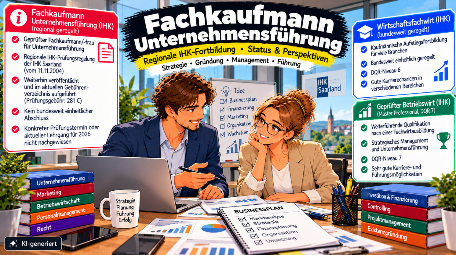 Comic-Illustration zum Fachkaufmann für Unternehmensführung (IHK). Zwei kaufmännische Führungskräfte besprechen in einem modernen Büro einen Businessplan mit Unternehmensstrategie, Finanzplanung und Marketing. Auf dem Tisch liegen Diagramme und Unterlagen, im Hintergrund ist ein Strategieboard zu sehen. Drei farbige Infoboxen erläutern die regional geregelte IHK-Fortbildung der IHK Saarland, den Wirtschaftsfachwirt (IHK, DQR 6) und den Geprüften Betriebswirt (Master Professional, DQR 7) als weiterführende Managementqualifikationen. Das Bild trägt den Hinweis „KI-generiert
