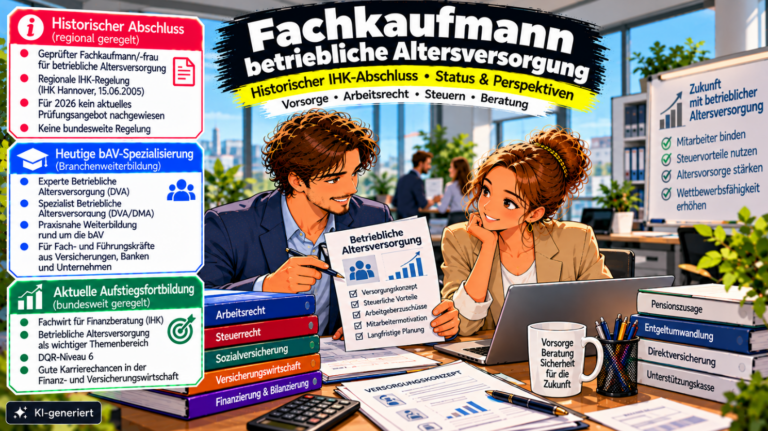Comic-Illustration zum historischen Fachkaufmann für betriebliche Altersversorgung. Zwei Fachkräfte aus dem Versicherungs- und Personalbereich besprechen in einem modernen Büro ein betriebliches Altersversorgungskonzept. Auf dem Tisch liegen Verträge, Unterlagen und ein Laptop. Drei farbige Infoboxen erläutern den früheren regionalen IHK-Abschluss der IHK Hannover, heutige Spezialisierungen in der betrieblichen Altersversorgung (DVA/DMA) sowie den Fachwirt für Finanzberatung (IHK, DQR 6) als aktuelle Aufstiegsfortbildung. Das Bild trägt den Hinweis „KI-generiert