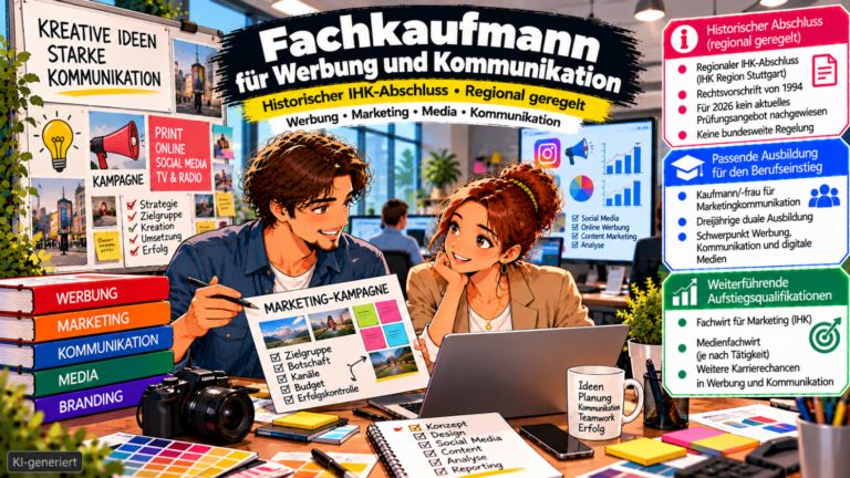 Comic-Illustration zum historischen IHK-Abschluss Fachkaufmann für Werbung und Kommunikation. Zwei Marketingfachkräfte planen gemeinsam eine Werbekampagne in einer modernen Agentur. Im Hintergrund sind klassische Werbemittel, Social-Media-Symbole und digitale Marketinganalysen zu sehen. Drei farbige Infoboxen erläutern den regional geregelten IHK-Abschluss, die heutige Ausbildung zum Kaufmann für Marketingkommunikation sowie den Fachwirt für Marketing und den Medienfachwirt als weiterführende Qualifikationen. Das Bild ist als KI-generiert gekennzeichnet