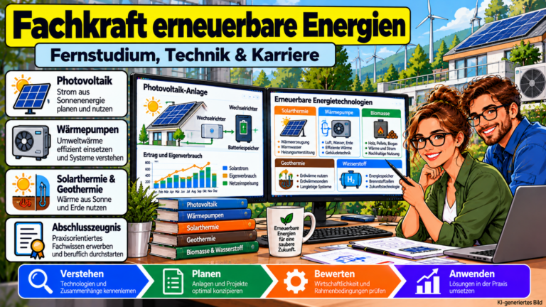 Comicillustration zur Weiterbildung Fachkraft für erneuerbare Energien. Zwei technische Fachkräfte analysieren Photovoltaikanlagen, Wärmepumpen, Solarthermie, Geothermie und Batteriespeicher an einem modernen Arbeitsplatz. Im Hintergrund sind Solarmodule und Windkraftanlagen zu sehen.
