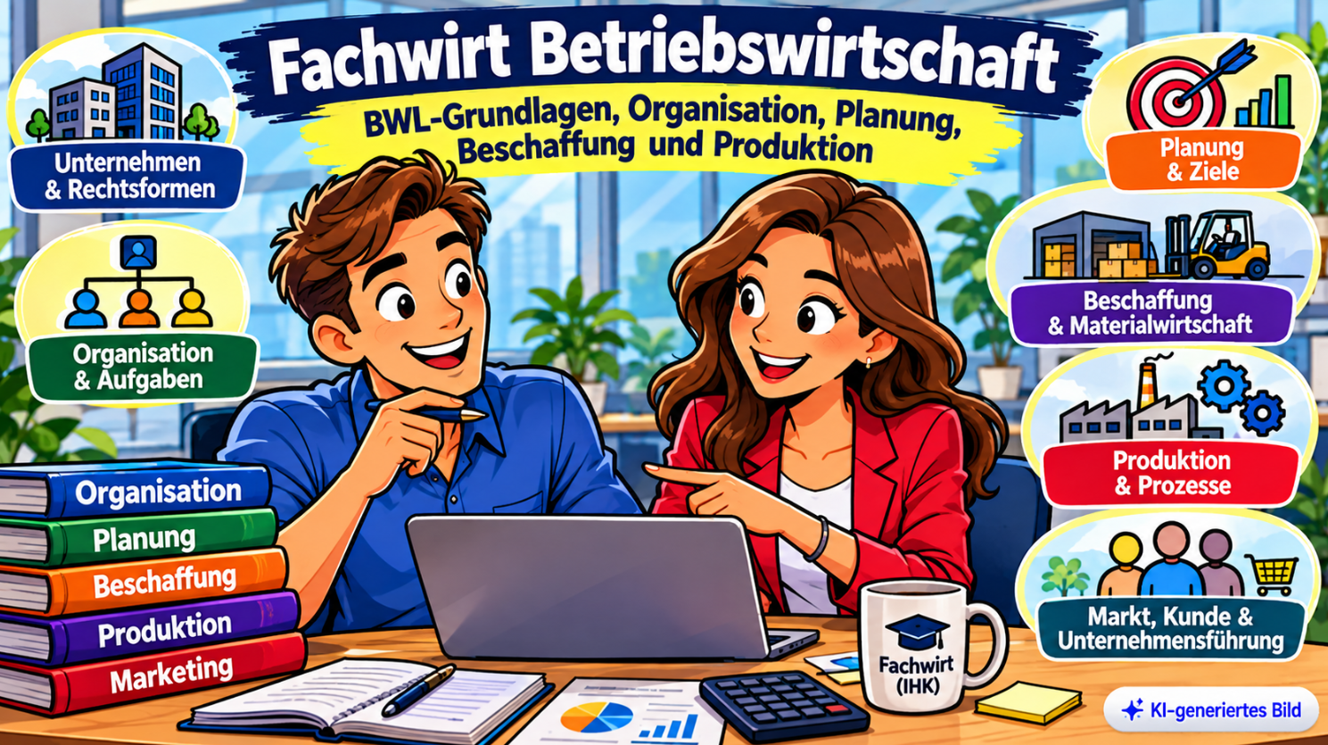 Comic-Illustration zum Fachwirt Betriebswirtschaft mit zwei Lernenden am Laptop und Symbolen für Unternehmensorganisation, Rechtsformen, Planung, Beschaffung, Produktion, Kundenzufriedenheit und Unternehmensführung