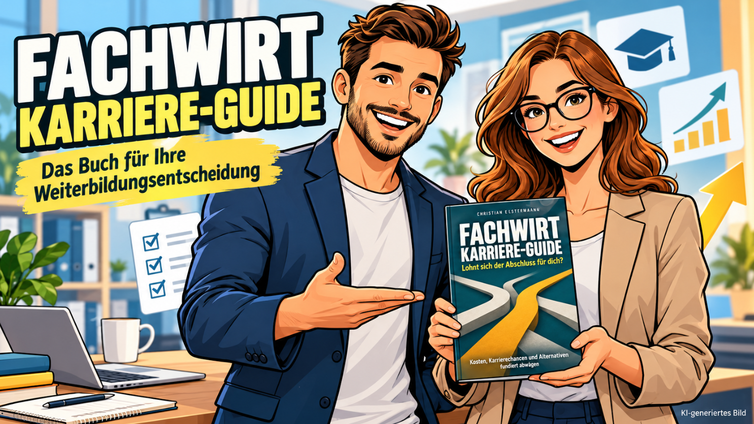 Illustriertes Comicbild. Der Fachwirt Karriere Guide wird vorgestellt. Lohnt sich die Weiterbildung für dich?