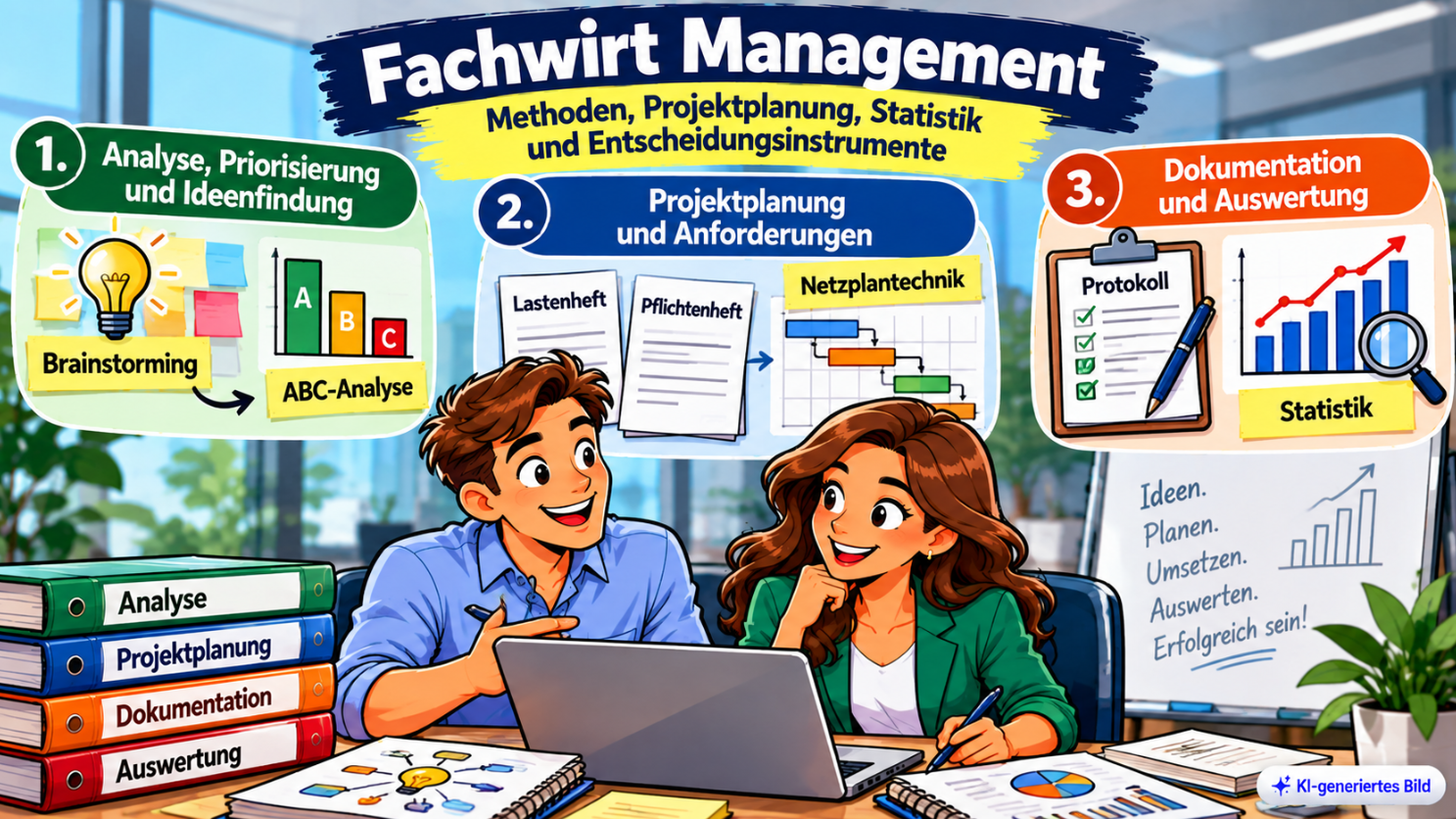 Comic-Illustration zum Fachwirt Management mit zwei Lernenden am Laptop und Symbolen für Brainstorming, ABC-Analyse, Lastenheft, Pflichtenheft, Netzplantechnik, Protokoll und Statistik.