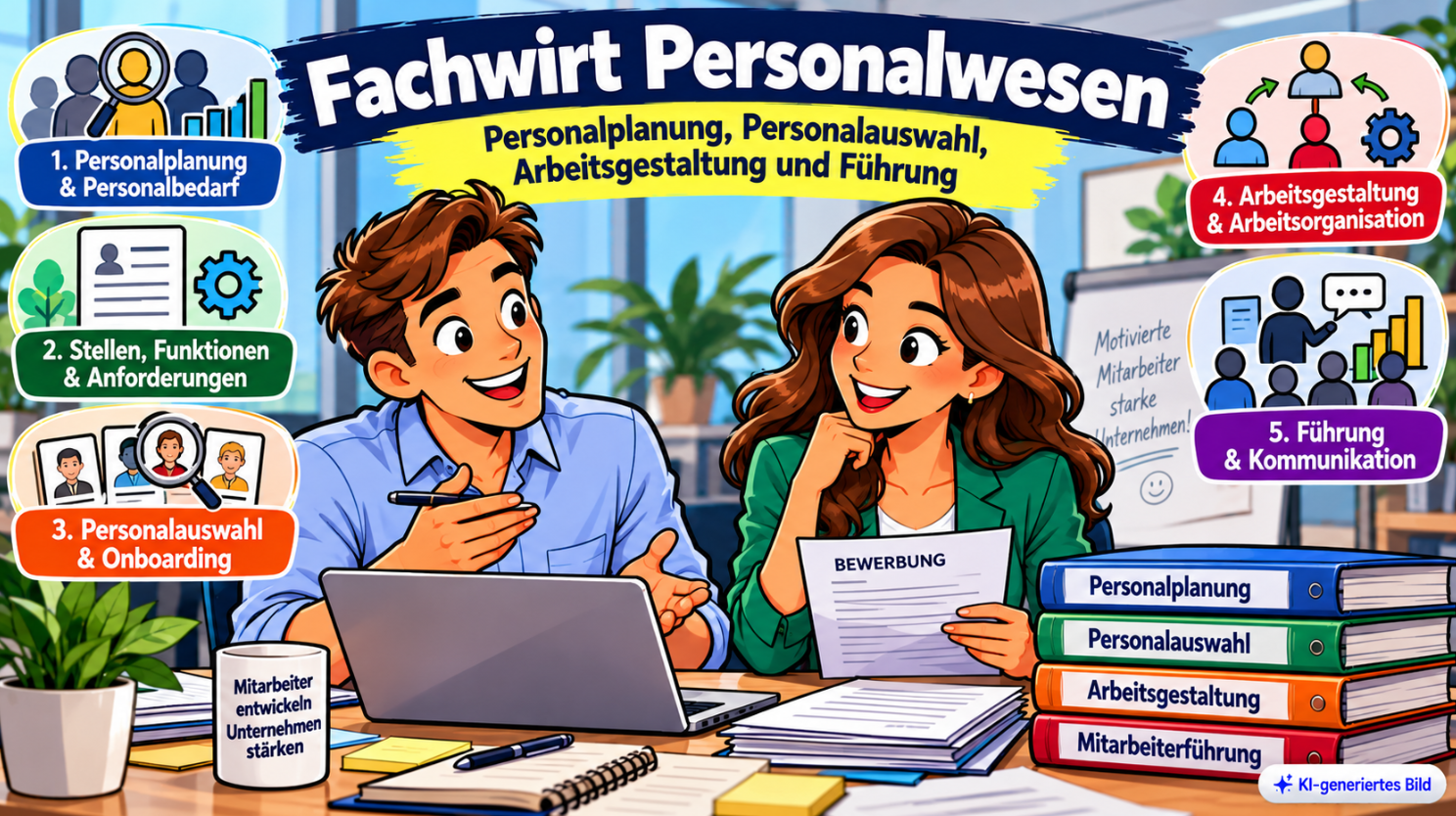 Comic-Illustration zum Fachwirt Personalwesen mit zwei Fachkräften im Büro sowie Symbolen für Personalplanung, Personalbedarf, Stellenbeschreibung, Personalauswahl, Onboarding, Arbeitsgestaltung, Mitarbeiterführung und Kommunikation