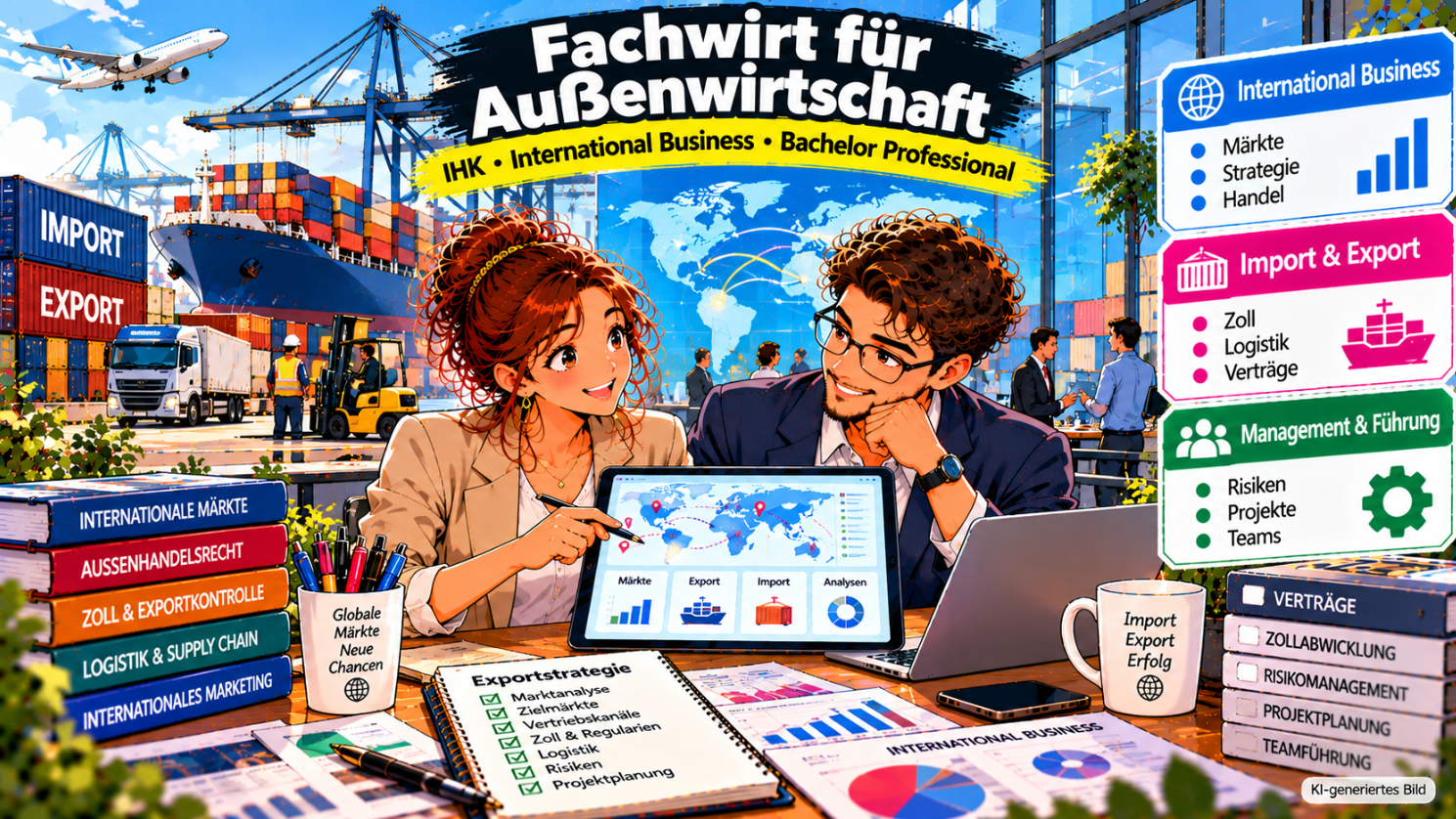 Comic-Illustration zum Fachwirt für Außenwirtschaft (IHK) – Bachelor Professional in Foreign Trade. Zwei Fachkräfte planen gemeinsam an einem Tablet internationale Handelsgeschäfte und analysieren weltweite Import- und Exportrouten. Im Hintergrund sind ein moderner Containerhafen mit Frachtschiff, Kränen, Lastwagen und einer Weltkarte mit internationalen Handelsverbindungen zu sehen. Die Grafik veranschaulicht die drei Themenbereiche International Business mit Märkten und Strategien, Import und Export mit Zoll, Logistik und Verträgen sowie Management und Führung mit Risikomanagement, Projekten und Teamleitung