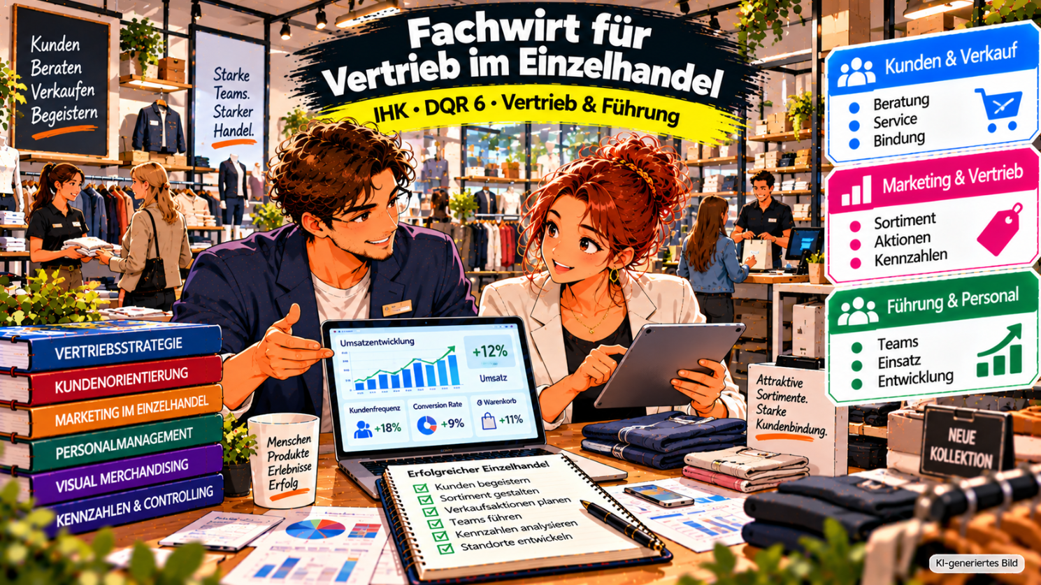 Comic-Illustration zum Fachwirt für Vertrieb im Einzelhandel (IHK) auf DQR-Niveau 6. Zwei Einzelhandelsfachkräfte analysieren Verkaufskennzahlen an einem Laptop und Tablet in einem modernen Bekleidungsgeschäft. Im Hintergrund sind Verkaufsflächen, Warenpräsentationen, Kundenberatung und ein Kassenbereich zu sehen. Drei farbige Infoboxen veranschaulichen die Themenbereiche Kunden und Verkauf, Marketing und Vertrieb sowie Führung und Personal