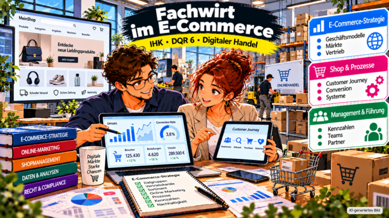 Comic-Illustration zum Fachwirt im E-Commerce (IHK) auf DQR-Niveau 6. Zwei E-Commerce-Fachkräfte analysieren an einem Laptop Umsatzkennzahlen und Conversion-Raten sowie auf einem Tablet die Customer Journey. Im Hintergrund sind ein moderner Onlineshop, ein Warenlager und Versandprozesse zu sehen. Drei Infoboxen zeigen die Themenbereiche E-Commerce-Strategie, Shop und Prozesse sowie Management und Führung