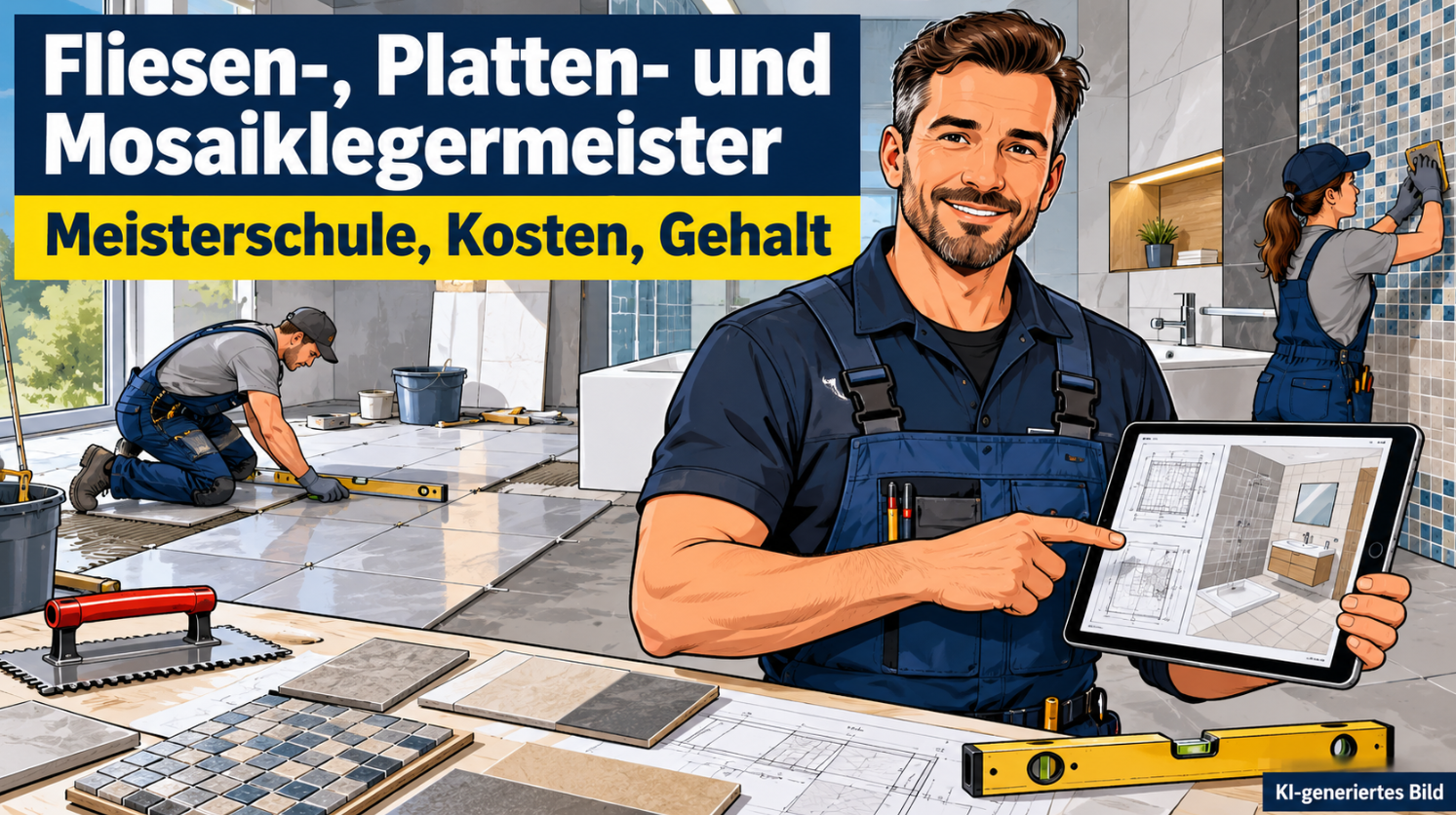 Comic-Illustration eines Fliesen-, Platten- und Mosaiklegermeisters in dunkelblauer Arbeitskleidung mit Tablet und digitalem Verlegeplan in einem modernen Badezimmer. Im Vordergrund liegen Fliesenmuster, Fliesenschneider, Wasserwaage und Bauzeichnungen. Im Hintergrund verlegen zwei Fachkräfte großformatige Bodenfliesen und dekorative Wandmosaike.