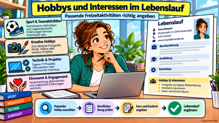 Comicillustration einer Bewerberin am Laptop mit Lebenslauf und Beispielen für Hobbys und Interessen wie Sport, Fotografie, technische Projekte und ehrenamtliches Engagement.