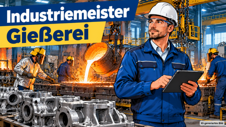 Industriemeister Gießerei mit Schutzhelm, Schutzbrille und Tablet in einer modernen Gießereihalle, während Mitarbeiter glühendes, flüssiges Metall in Gussformen gießen. Im Vordergrund liegen fertig gegossene Metallbauteile.