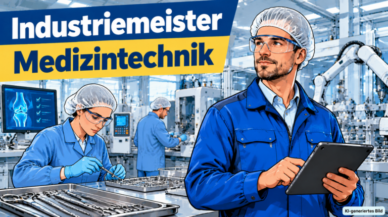 Industriemeister Medizintechnik mit Schutzbrille, Hygienekappe und Tablet in einer modernen medizintechnischen Fertigungshalle, während Mitarbeiter chirurgische Instrumente und medizinische Präzisionsbauteile an automatisierten Produktionsanlagen herstellen und kontrollieren