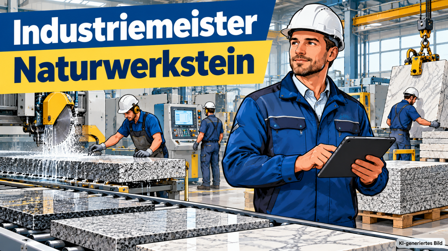 Industriemeister Naturwerkstein mit Schutzhelm und Tablet in einer modernen Natursteinverarbeitungshalle, während Mitarbeiter große Granit- und Marmorplatten mit CNC-gesteuerten Sägen und Maschinen bearbeiten.