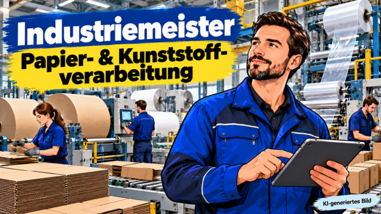 Industriemeister Papier- und Kunststoffverarbeitung mit Tablet in einer modernen Verpackungsfabrik, während Mitarbeiter an automatisierten Fertigungsanlagen Papierrollen, Kunststofffolien, Wellpappe und Kartonagen verarbeiten.