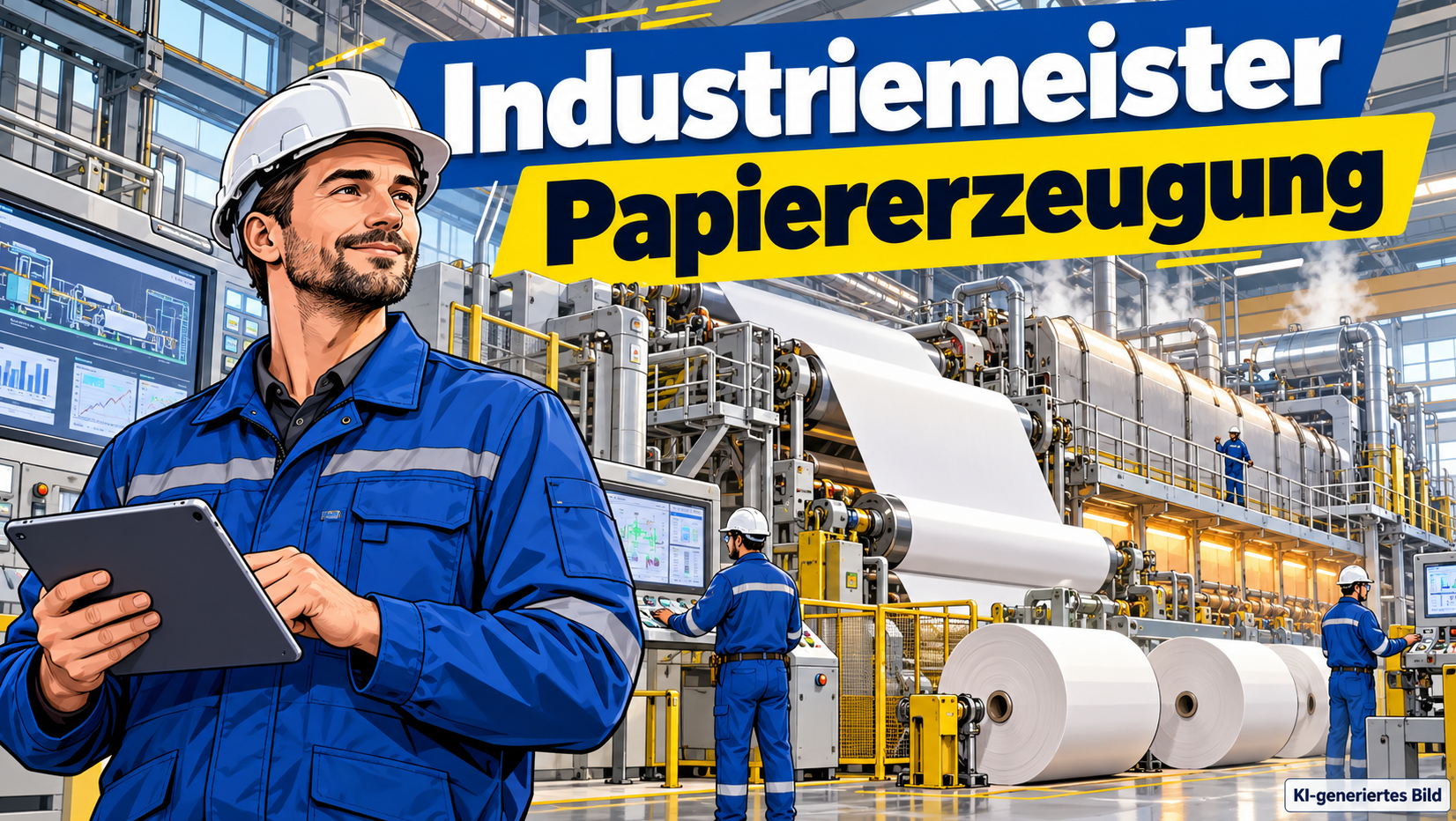Industriemeister Papiererzeugung mit Schutzhelm und Tablet in einer modernen Papierfabrik, während Mitarbeiter eine industrielle Papiermaschine mit großen Walzen, laufender Papierbahn und fertigen Papierrollen überwachen