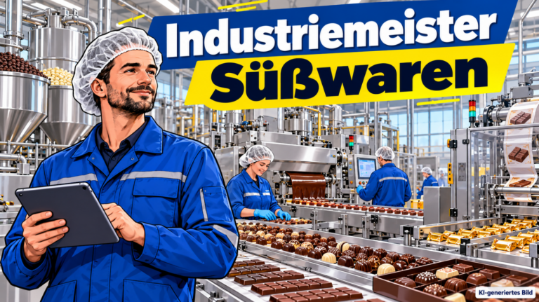 Industriemeister Süßwaren mit Hygienekappe und Tablet in einer modernen Schokoladenfabrik, während Mitarbeiter an automatisierten Produktionsanlagen Schokoladentafeln und Pralinen herstellen und verpacken.