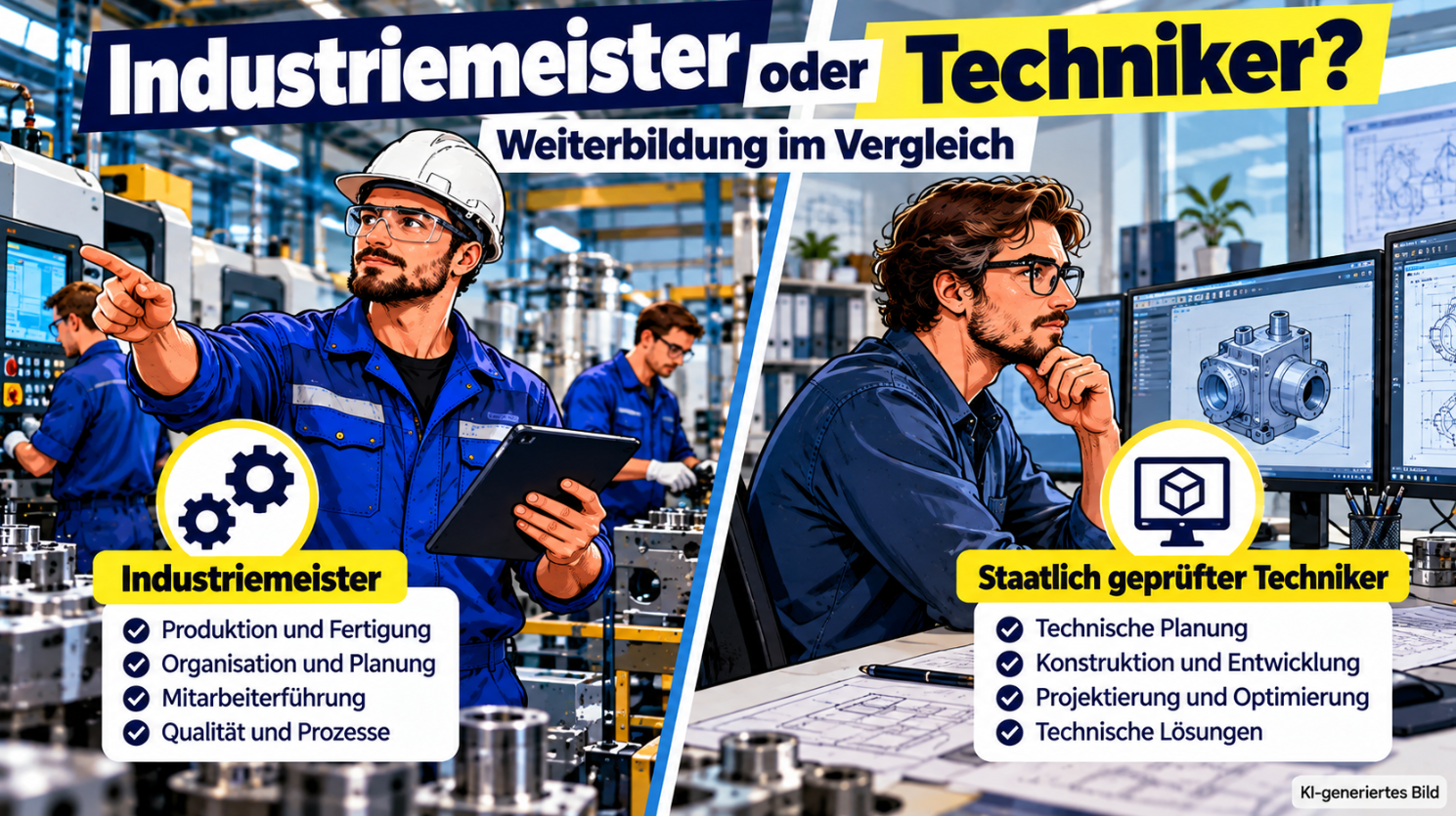 Vergleich zwischen Industriemeister und staatlich geprüftem Techniker im Comicstil. Links koordiniert ein Industriemeister mit Schutzhelm und Tablet die Fertigung in einer Produktionshalle, rechts arbeitet ein Techniker an einer CAD-Konstruktion am Computer. Das Bild verdeutlicht die unterschiedlichen Schwerpunkte beider Weiterbildungen