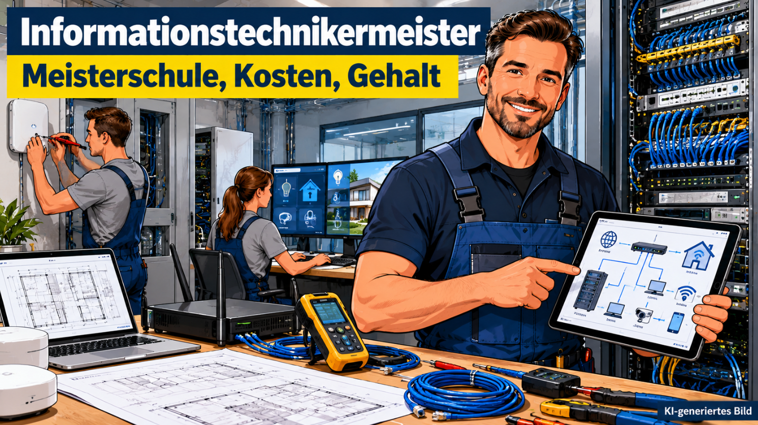 Comic-Illustration eines Informationstechnikermeisters in dunkelblauer Arbeitskleidung mit Tablet und digitalem Netzwerkplan in einem modernen Technikraum. Im Hintergrund installieren zwei Fachkräfte Netzwerk- und Smart-Home-Systeme. Zu sehen sind ein Serverschrank mit Patchfeldern und Switches, Netzwerkverkabelung, ein Laptop, ein Netzwerktester sowie Monitore mit Gebäudesteuerung.
