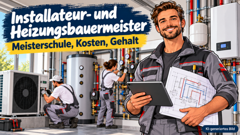 Comic-Illustration eines Installateur- und Heizungsbauermeisters mit Tablet und technischem Anlagenplan. Im Hintergrund installieren Fachkräfte eine Wärmepumpe mit Pufferspeicher und Rohrleitungen in einem modernen Heizungsraum