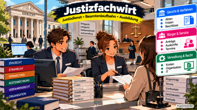 Comic-Illustration zum Beruf Justizfachwirt und zur Ausbildung im Justizdienst. Zwei Justizfachkräfte bearbeiten Gerichtsakten und digitale Dokumente in einer modernen Gerichtsgeschäftsstelle. Eine Mitarbeiterin berät eine Bürgerin am Serviceschalter. Im Hintergrund sind ein Gerichtsgebäude, ein Gerichtssaal mit Richter, Computerarbeitsplätze und eine Justizwaage zu sehen. Drei farbige Infoboxen veranschaulichen die Aufgabenbereiche Gericht und Verfahren, Bürger und Service sowie Verwaltung und Recht