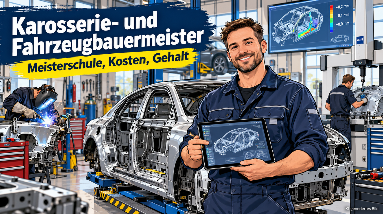 Comic-Illustration eines Karosserie- und Fahrzeugbauermeisters in dunkelblauer Arbeitskleidung mit Tablet und digitaler 3D-Konstruktionszeichnung einer Fahrzeugkarosserie. Im Hintergrund ist eine moderne Karosseriewerkstatt zu sehen, in der Fachkräfte Schweißarbeiten durchführen und eine Fahrzeugkarosserie mit einem computergestützten Messsystem vermessen.