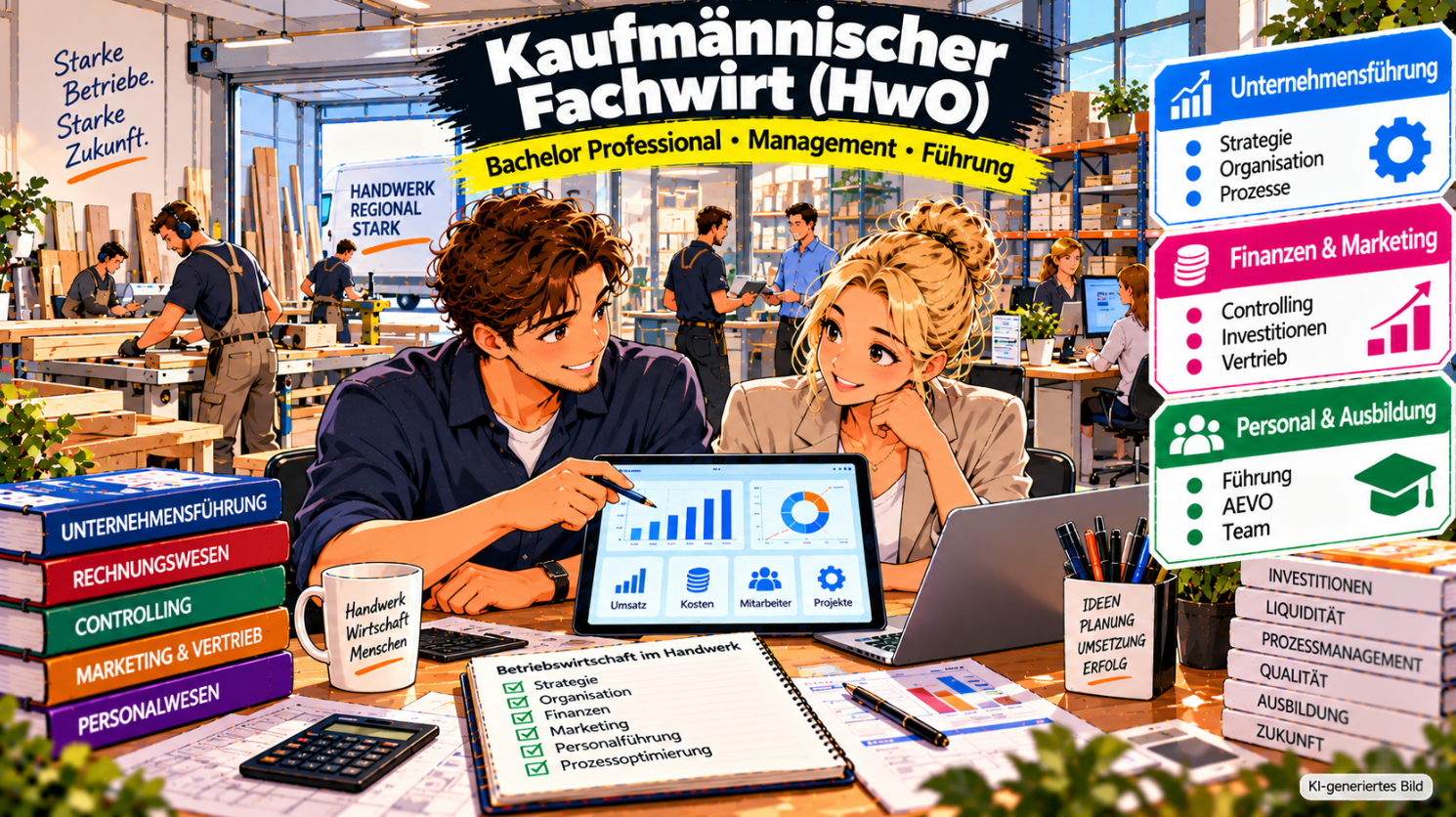 Comic-Illustration zum Kaufmännischen Fachwirt nach der Handwerksordnung (HwO) – Bachelor Professional für Kaufmännisches Management. Zwei kaufmännische Fachkräfte analysieren gemeinsam an einem Tablet betriebswirtschaftliche Kennzahlen und planen organisatorische Abläufe in einem modernen Handwerksbetrieb. Im Hintergrund sind eine Werkstatt mit Mitarbeitern, ein Warenlager und ein Verwaltungsbereich zu sehen. Die Grafik veranschaulicht die drei Themenbereiche Unternehmensführung mit Strategie und Prozessen, Finanzen und Marketing mit Controlling und Investitionen sowie Personal und Ausbildung mit Mitarbeiterführung, AEVO und Teamorganisation.
