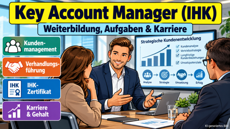 Comicillustration eines Key Account Managers im Kundengespräch mit Symbolen für strategische Kundenbetreuung, Verhandlungsführung, IHK-Zertifikat und berufliche Weiterbildung.