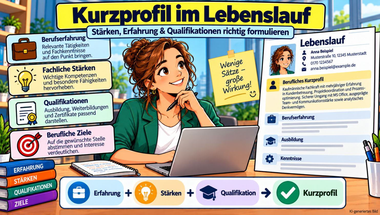 Comicillustration einer Bewerberin am Laptop mit hervorgehobenem Kurzprofil im Lebenslauf sowie Beispielen für Berufserfahrung, fachliche Stärken, Qualifikationen und berufliche Ziele.