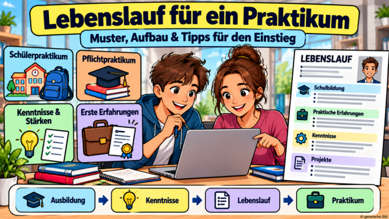 Comicillustration eines Schülers und einer Studentin am Laptop mit einem Lebenslauf für ein Praktikum und den Bereichen Schulbildung, Kenntnisse, Projekte und praktische Erfahrungen.