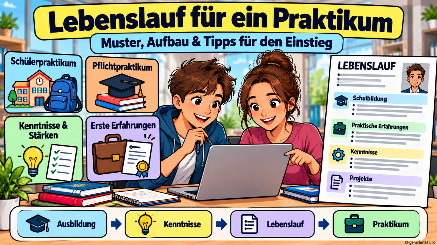 Comicillustration eines Schülers und einer Studentin am Laptop mit einem Lebenslauf für ein Praktikum und den Bereichen Schulbildung, Kenntnisse, Projekte und praktische Erfahrungen.