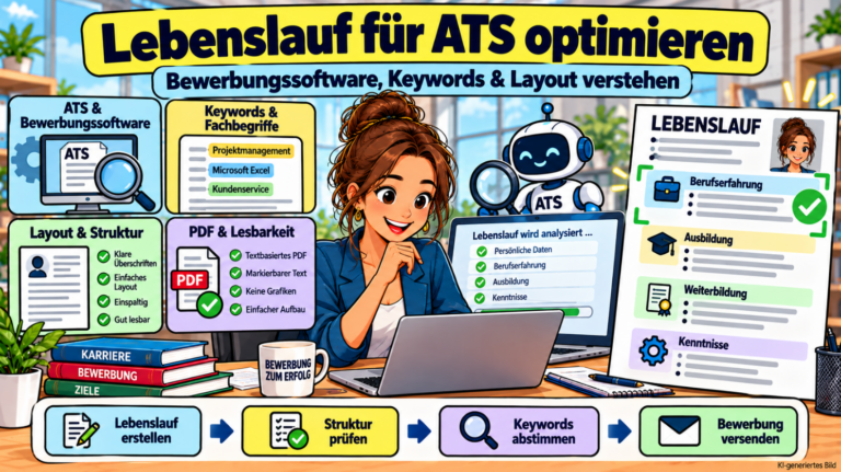 Comicillustration einer Bewerberin am Laptop, die ihren Lebenslauf für ATS-Bewerbungssoftware optimiert, mit Beispielen für Keywords, Dokumentstruktur und PDF-Lesbarkeit