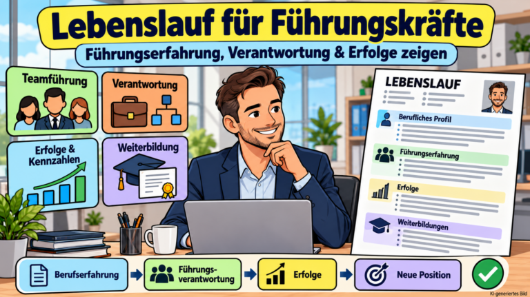 Comicillustration eines Teamleiters am Laptop mit Lebenslauf für Führungskräfte und hervorgehobenen Bereichen für Führungserfahrung, Personalverantwortung, berufliche Erfolge und Weiterbildungen.