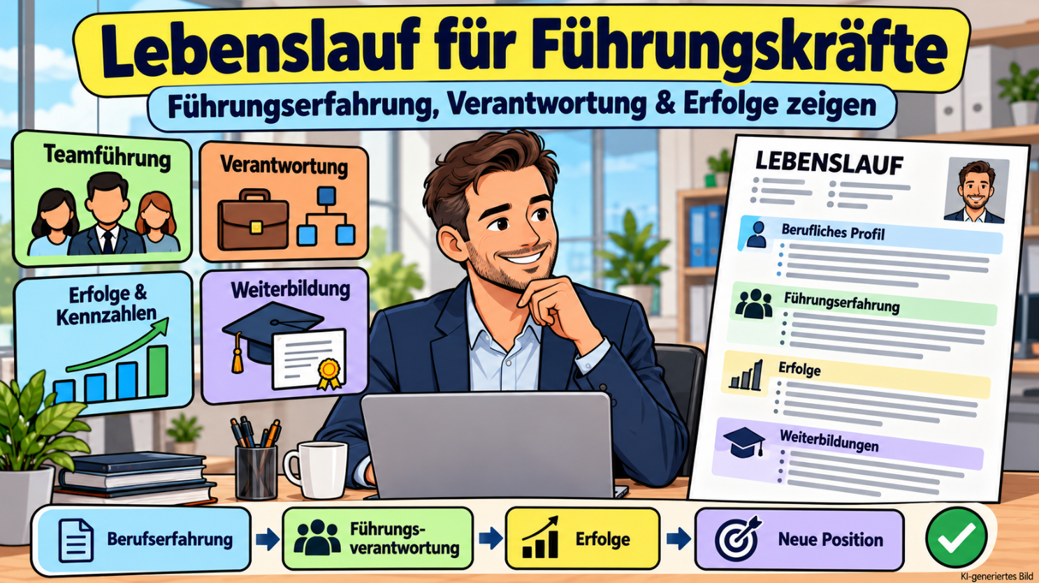 Comicillustration eines Teamleiters am Laptop mit Lebenslauf für Führungskräfte und hervorgehobenen Bereichen für Führungserfahrung, Personalverantwortung, berufliche Erfolge und Weiterbildungen.