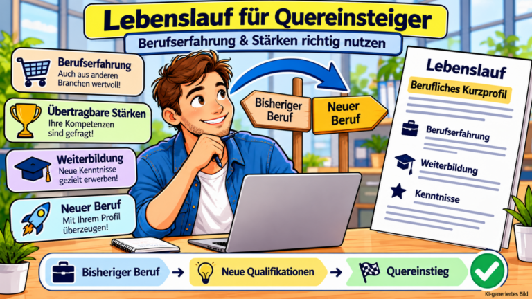 Comicillustration eines Bewerbers am Laptop mit Lebenslauf für Quereinsteiger, übertragbaren beruflichen Stärken, Weiterbildung und dem Wechsel in einen neuen Beruf.