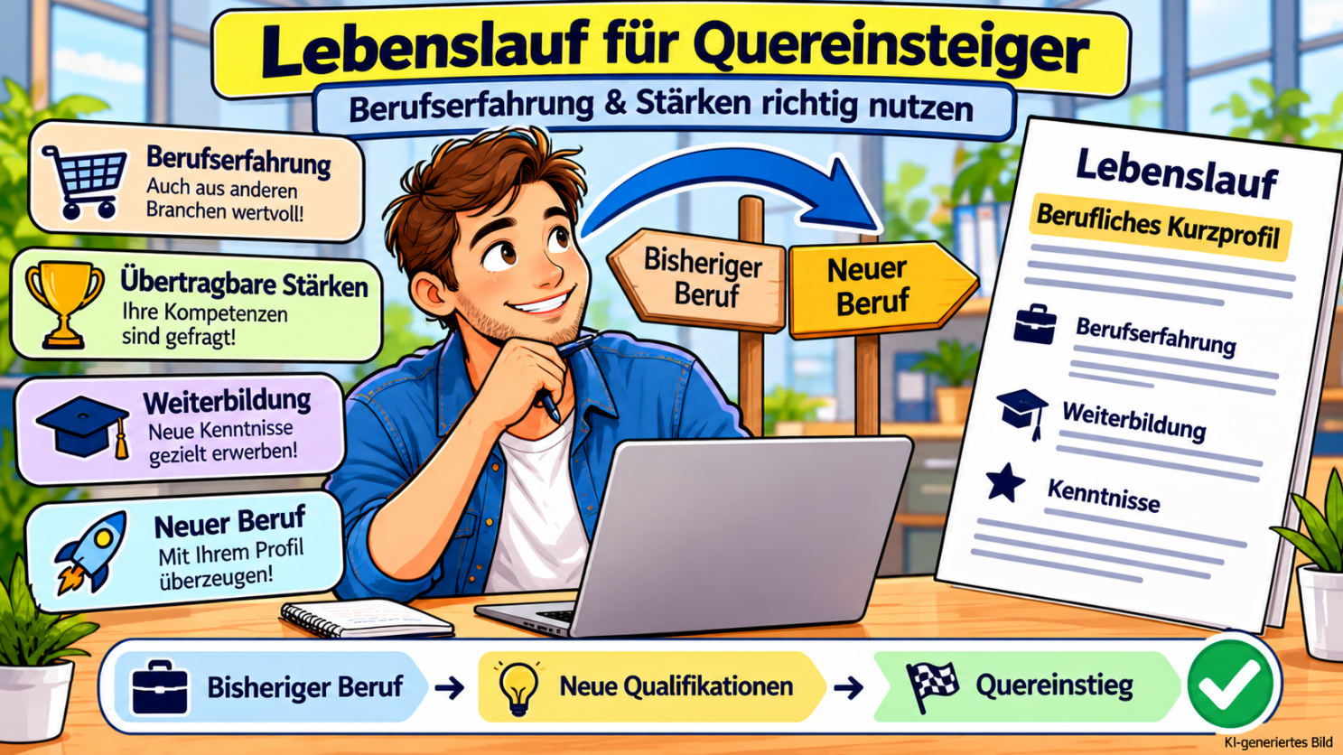 Comicillustration eines Bewerbers am Laptop mit Lebenslauf für Quereinsteiger, übertragbaren beruflichen Stärken, Weiterbildung und dem Wechsel in einen neuen Beruf.