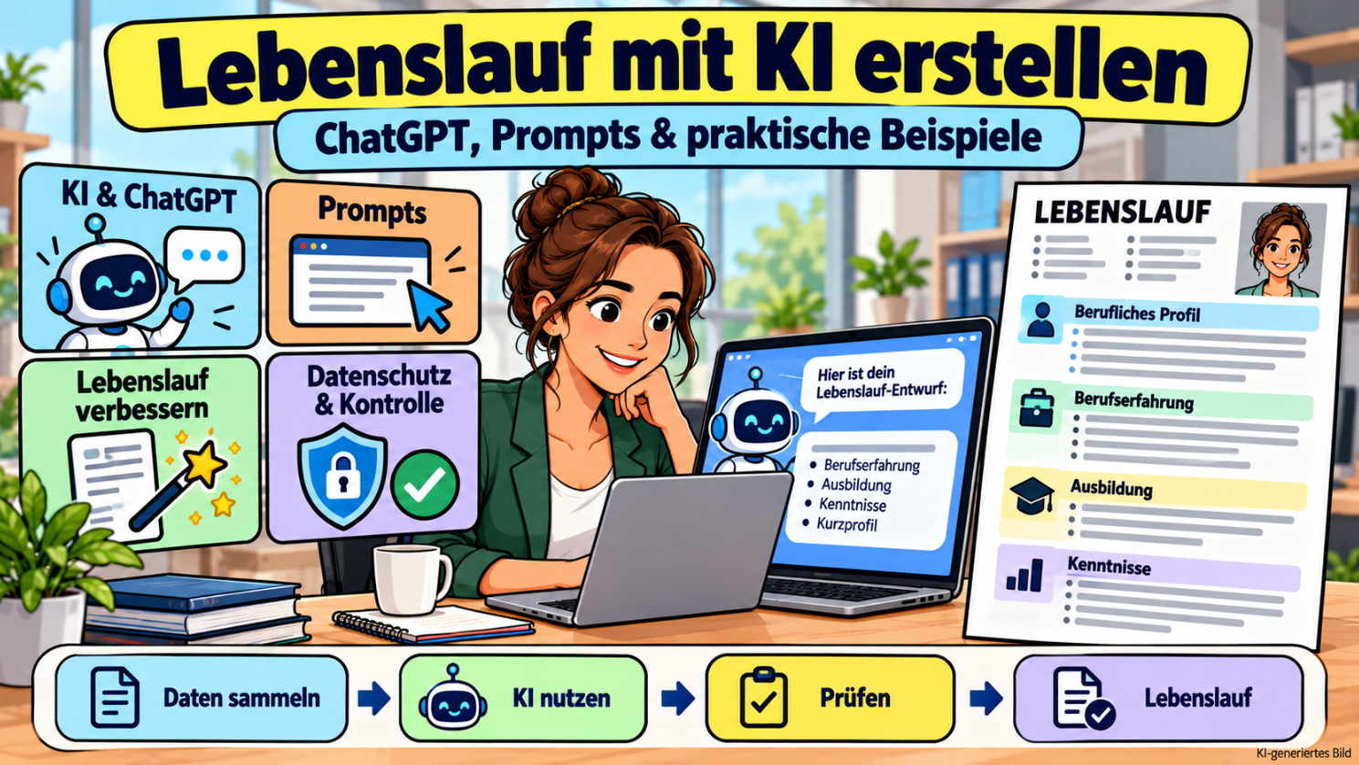 Comicillustration einer Bewerberin am Laptop, die mit KI und ChatGPT einen Lebenslauf erstellt, Formulierungen verbessert und ihre Angaben überprüft