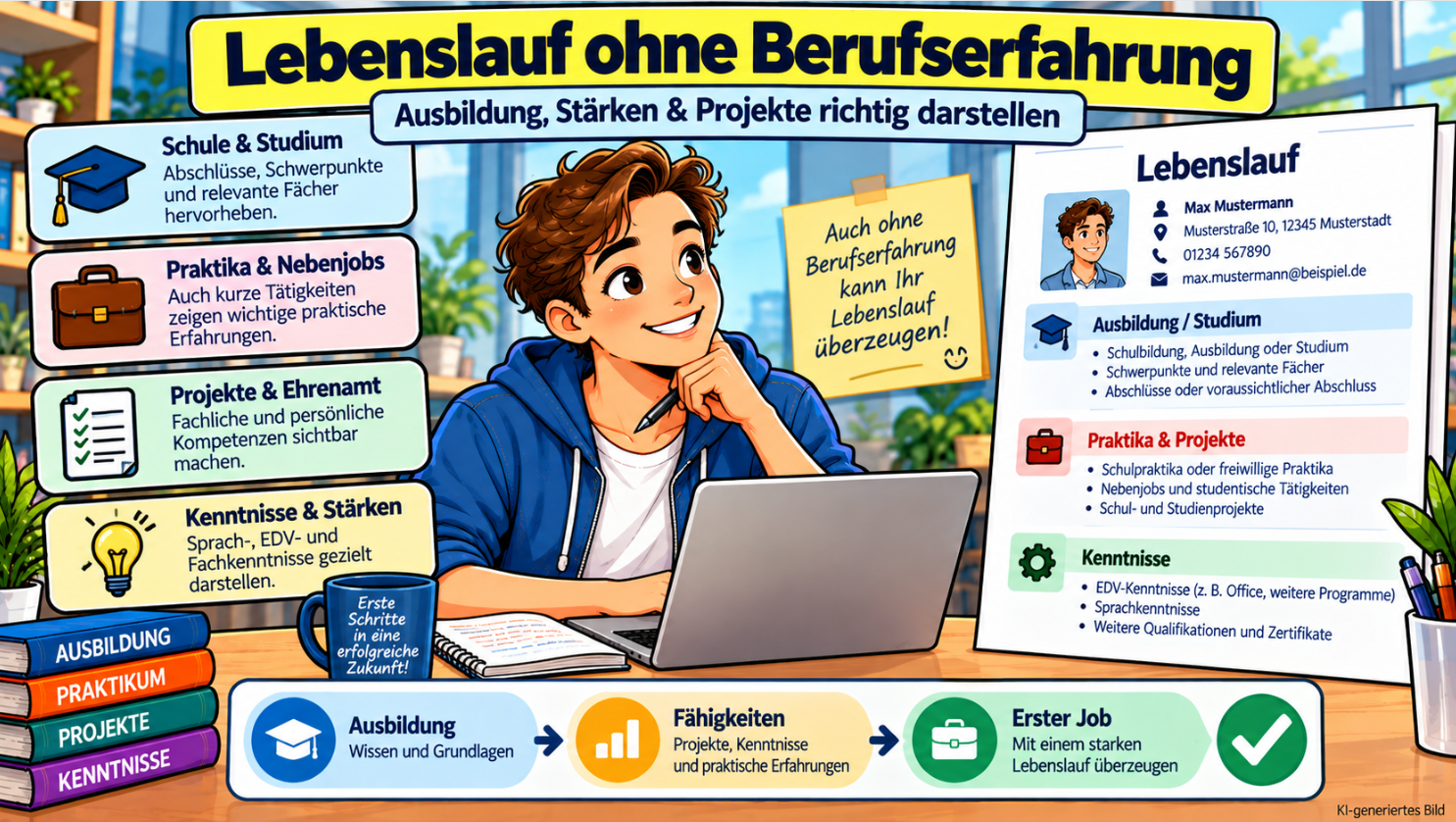 Comicillustration eines jungen Bewerbers am Laptop mit Lebenslauf ohne Berufserfahrung, der Ausbildung, Praktika, Projekte, Ehrenamt sowie Kenntnisse und Fähigkeiten hervorhebt.