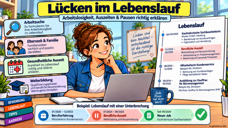 Comicillustration einer Bewerberin am Laptop mit Lebenslauf und Beispielen zur Erklärung von Beschäftigungslücken durch Arbeitslosigkeit, Elternzeit, gesundheitliche Auszeiten und Weiterbildung.