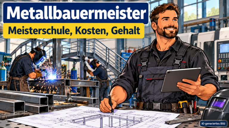 Comic-Illustration eines Metallbauermeisters mit Tablet und technischen Konstruktionszeichnungen in einer modernen Metallbauwerkstatt. Im Hintergrund schweißen Fachkräfte an einer Stahlkonstruktion. Sichtbar sind Metallprofile, Werkzeuge und eine CNC-Maschine.