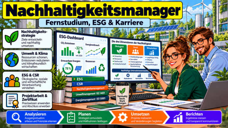 Comicillustration einer Nachhaltigkeitsmanagerin bei der Analyse von ESG-Kennzahlen, CO₂-Emissionen und Nachhaltigkeitszielen. Dargestellt sind CSR, Umweltmanagement, Nachhaltigkeitsstrategie und die Weiterbildung zum Geprüften Nachhaltigkeitsmanager.
