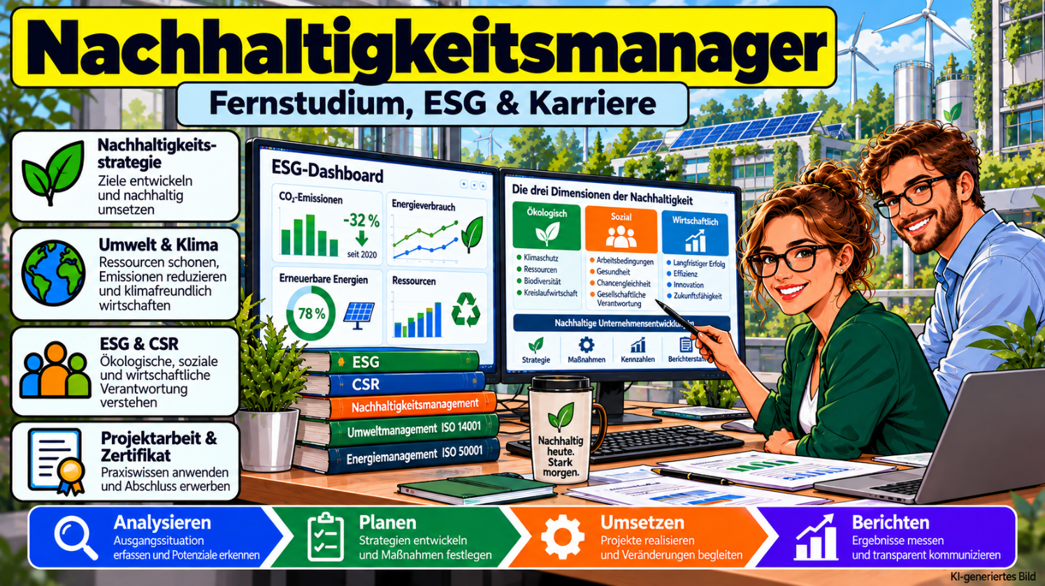 Comicillustration einer Nachhaltigkeitsmanagerin bei der Analyse von ESG-Kennzahlen, CO₂-Emissionen und Nachhaltigkeitszielen. Dargestellt sind CSR, Umweltmanagement, Nachhaltigkeitsstrategie und die Weiterbildung zum Geprüften Nachhaltigkeitsmanager.