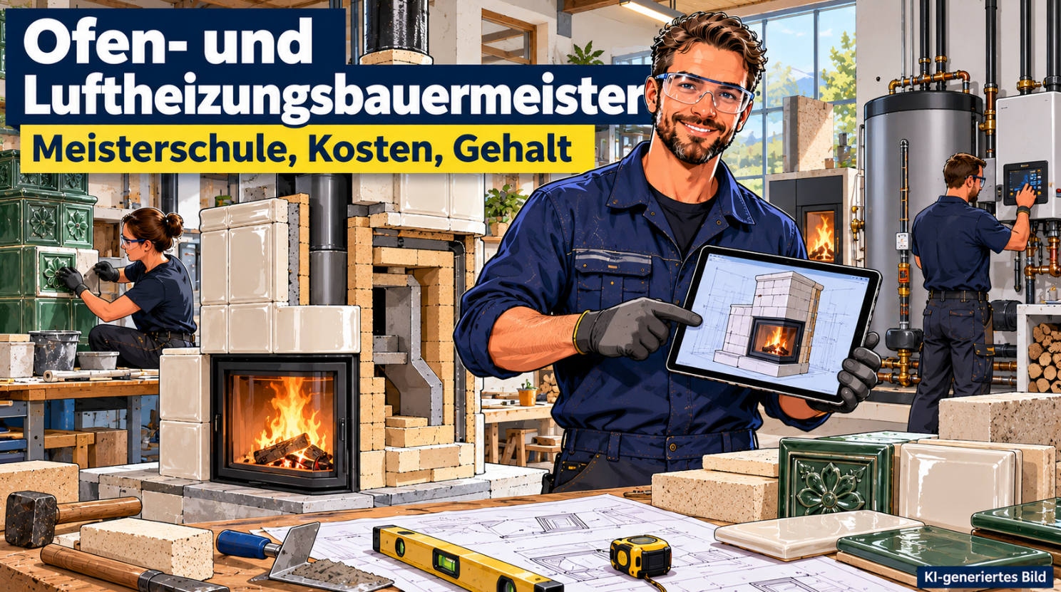 Comic-Illustration eines Ofen- und Luftheizungsbauermeisters in dunkelblauer Arbeitskleidung mit Schutzbrille und Handschuhen, der in einer modernen Ofenbauwerkstatt ein Tablet mit der 3D-Konstruktionszeichnung eines Kachelofens hält. Im Vordergrund stehen ein teilweise fertiggestellter Kachelofen mit sichtbarem Schamotteaufbau sowie Ofenkacheln, Werkzeuge und technische Zeichnungen. Im Hintergrund setzt eine Fachkraft grüne Ofenkacheln, während ein weiterer Mitarbeiter die Steuerung einer wasserführenden Feuerstätte mit Pufferspeicher überprüft.
