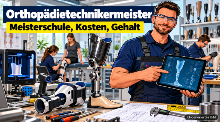 Comic-Illustration eines Orthopädietechnikermeisters in dunkelblauer Arbeitskleidung und Schutzbrille, der in einer modernen Orthopädietechnikwerkstatt ein Tablet mit einer digitalen 3D-Konstruktionszeichnung einer Beinprothese hält. Im Vordergrund stehen eine moderne Beinprothese und eine individuell angefertigte Beinorthese neben Werkzeugen, einem Messschieber und technischen Zeichnungen. Im Hintergrund passt eine Fachkraft einer Patientin eine Beinorthese an, während ein weiterer Mitarbeiter an einer Prothese arbeitet. Ein 3D-Drucker, 3D-Scanner und verschiedene Prothesenkomponenten ergänzen die Werkstattszene.