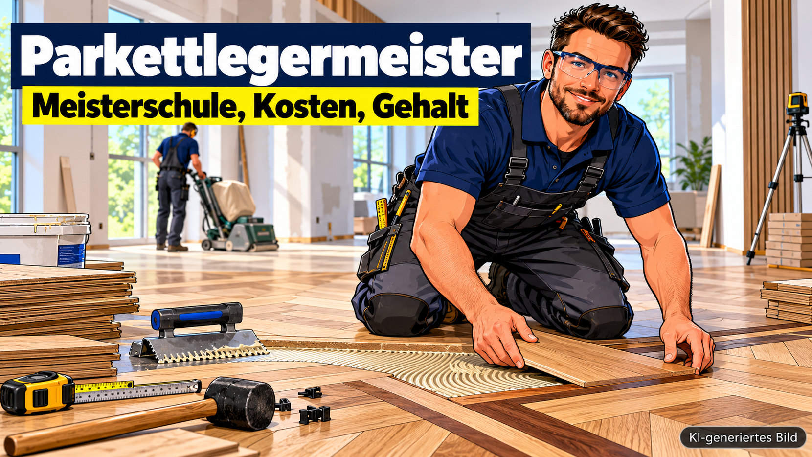 Comic-Illustration eines Parkettlegermeisters in dunkelblauer Arbeitskleidung mit Schutzbrille und Knieschonern, der in einem hellen, modernen Innenraum ein aufwendiges Fischgrätparkett mit dekorativem Fries aus unterschiedlichen Holzarten verlegt. Im Vordergrund liegen ein Gummihammer, eine Zahnkelle, ein Maßband und Parkettstäbe. Im Hintergrund bearbeitet eine weitere Fachkraft den Holzboden mit einer Parkettschleifmaschine.
