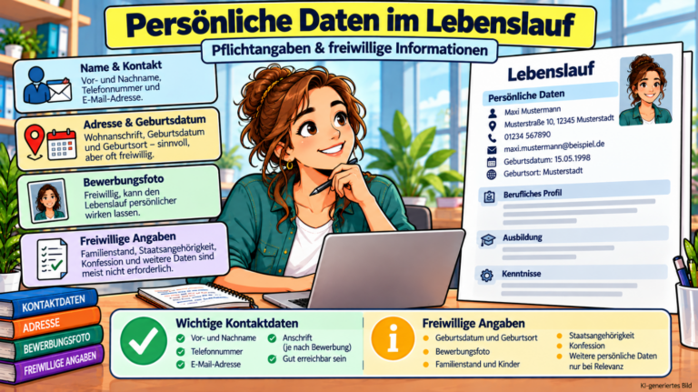 Comicillustration einer Bewerberin am Laptop mit tabellarischem Lebenslauf und Übersicht zu wichtigen Kontaktdaten sowie freiwilligen Angaben wie Geburtsdatum, Bewerbungsfoto, Familienstand und Staatsangehörigkeit.