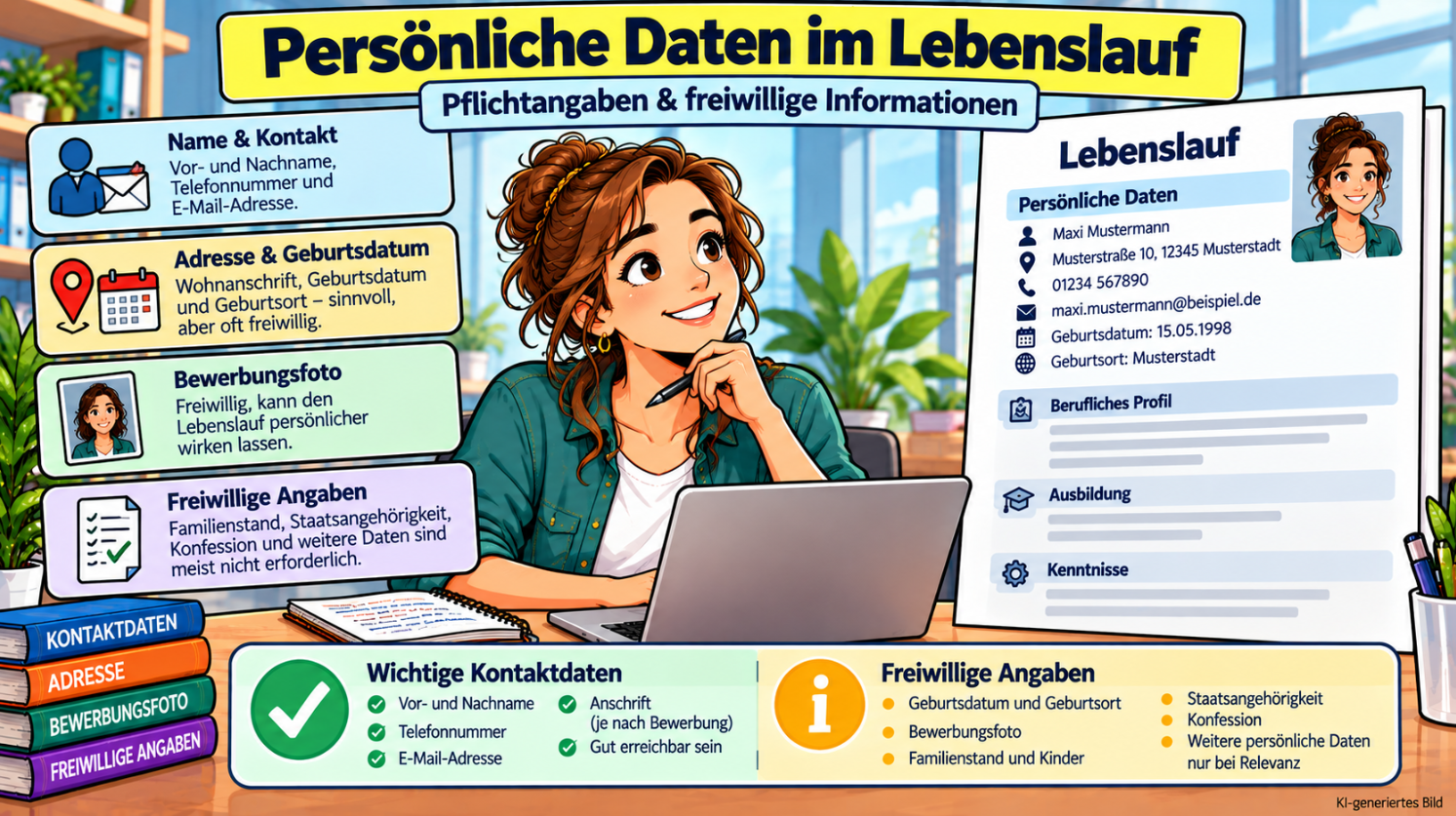 Comicillustration einer Bewerberin am Laptop mit tabellarischem Lebenslauf und Übersicht zu wichtigen Kontaktdaten sowie freiwilligen Angaben wie Geburtsdatum, Bewerbungsfoto, Familienstand und Staatsangehörigkeit.