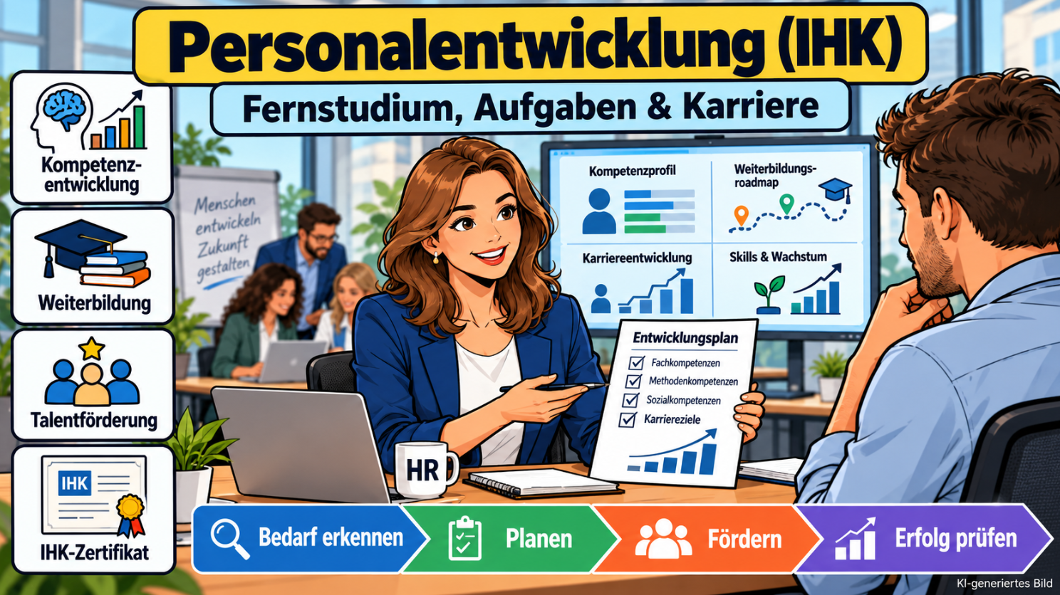 Comicillustration einer Personalentwicklerin im Mitarbeitergespräch mit Kompetenzprofilen, Weiterbildung, Talentförderung, Karriereplanung und IHK-Zertifikat.