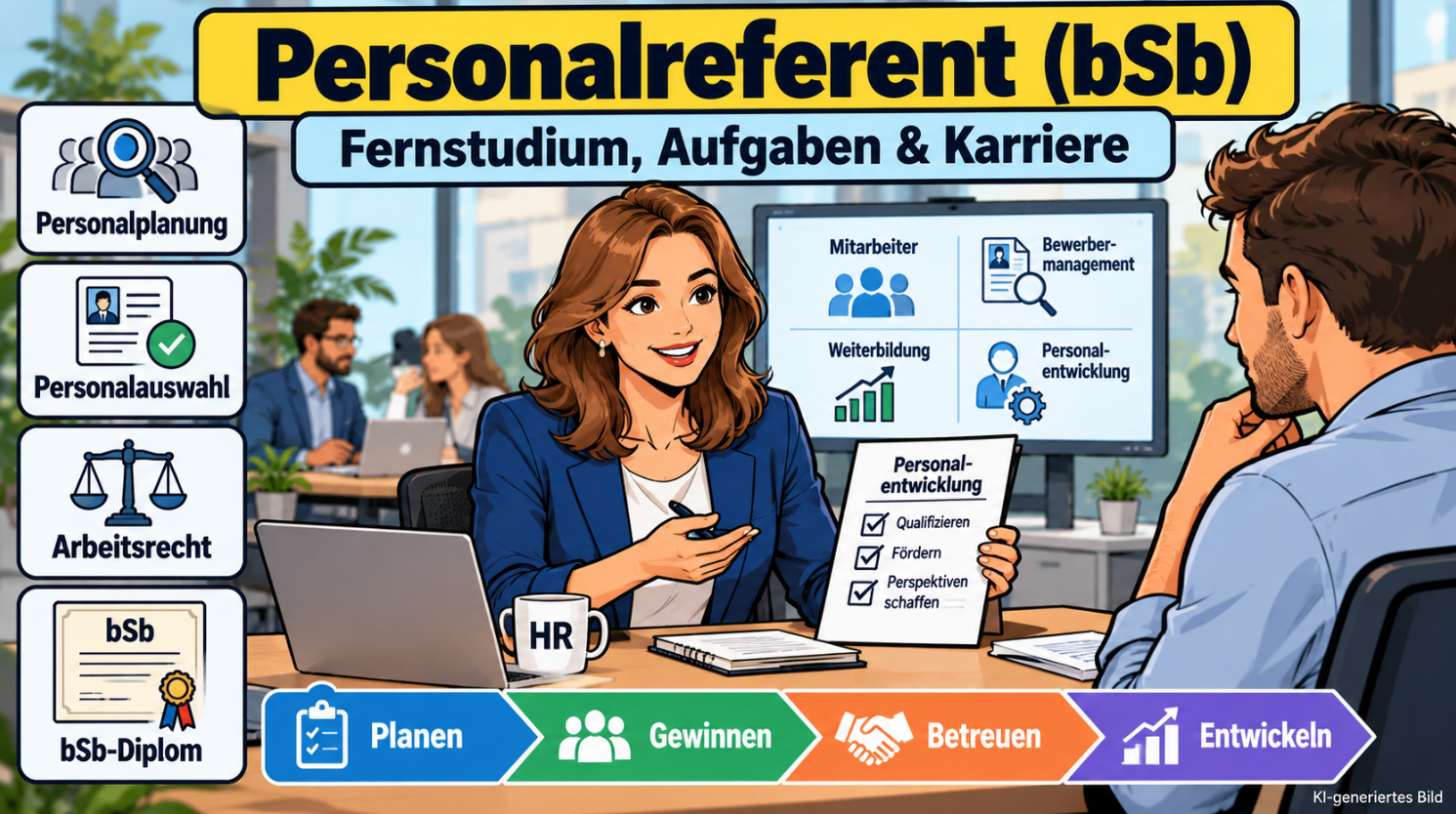 Comicillustration einer Personalreferentin (bSb) im Gespräch mit einem Mitarbeiter. Dargestellt sind Personalplanung, Personalauswahl, Arbeitsrecht, Personalentwicklung und das bSb-Diplom.
