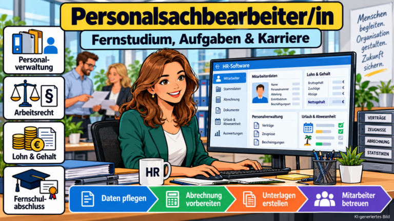 Comicillustration einer Personalsachbearbeiterin im Personalbüro mit Personalverwaltung, Arbeitsrecht, Lohn- und Gehaltsabrechnung sowie digitaler Mitarbeiterverwaltung.